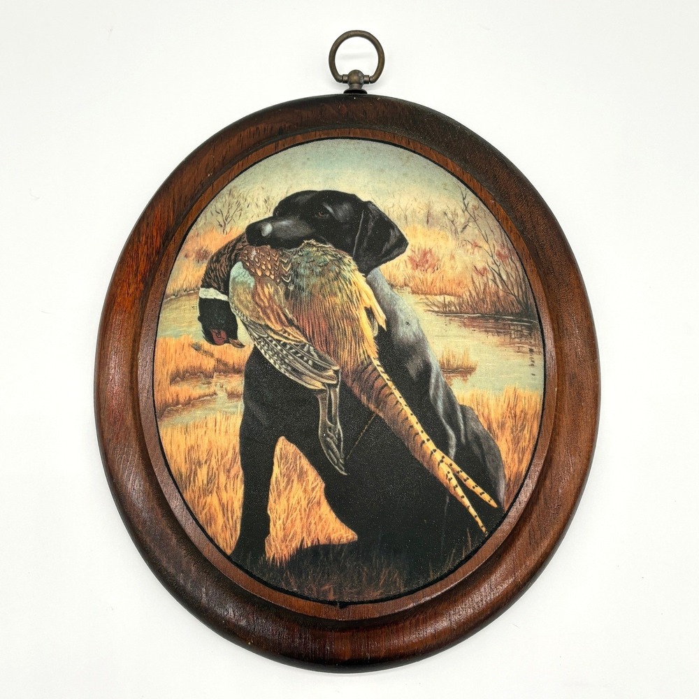 Vintage Black Lab Pheasant Hunting Art Oval Wood Frame Rustic Cabin Lodge Decor